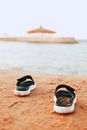 Black and White Flip Flops on Brown Sand
