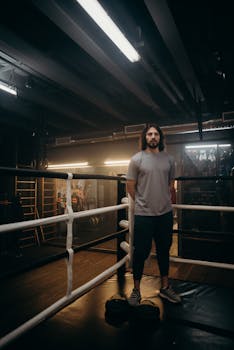A man stands in a dimly lit boxing ring inside a gym, conveying strength and focus.