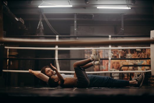 A father and son bonding through exercise in an indoor boxing ring. Fitness and family time.