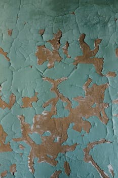 Close-up of old wall with peeling turquoise paint, revealing brown layers underneath.
