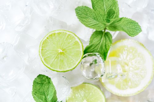 Free High angle view of lime slices and mint leaves on ice, perfect for refreshing drink concepts. Stock Photo