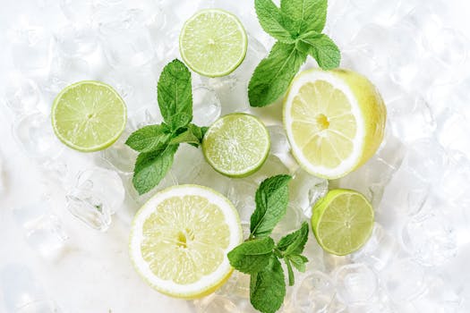 Fresh lemon and lime slices with mint leaves on ice, perfect for summer refreshments.