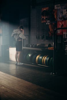 A person in a gym adjusting attire, surrounded by fitness equipment and warm sunlight.