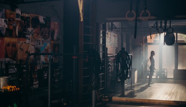 A dramatic silhouette of a woman working out in a gym with sunlight streaming through.