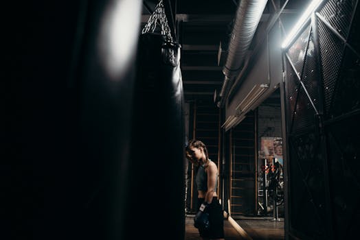 A strong female boxer intensely trains with a punching bag in an industrial-style gym.