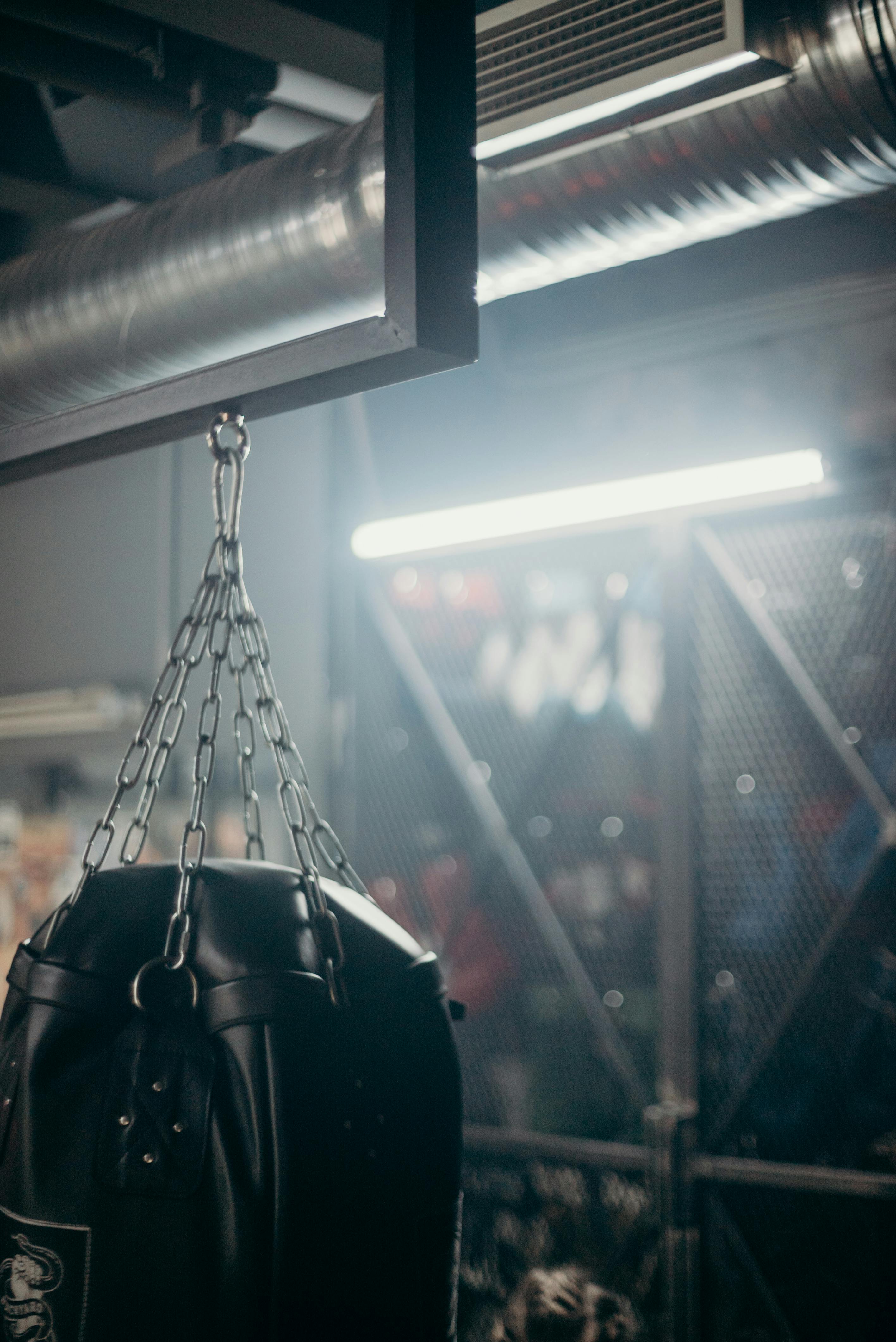 Premium Photo | Red leather punching bag for boxing training in the  volumetric light on a black background. 3d rendering