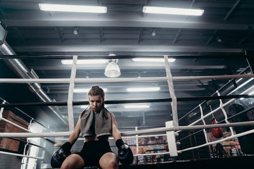 A female boxer takes a moment to rest in an indoor training ring, showcasing strength and determination.