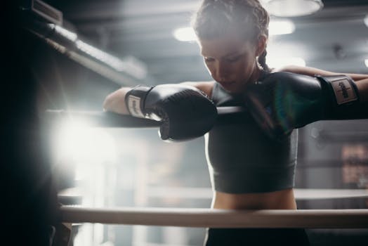 Young female boxer resting during an intense gym training session.