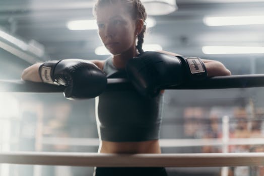A young female boxer taking a break during training inside a gym, wearing boxing gloves.