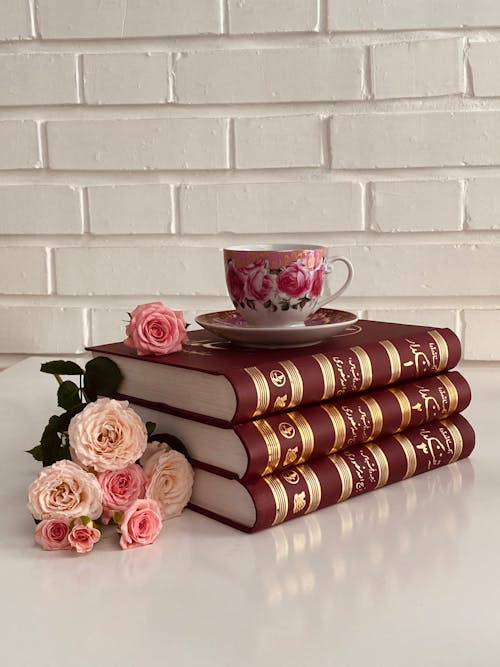 Free Porcelain cup and saucer placed on top of collection of books stacked on table with bunch of fresh roses Stock Photo