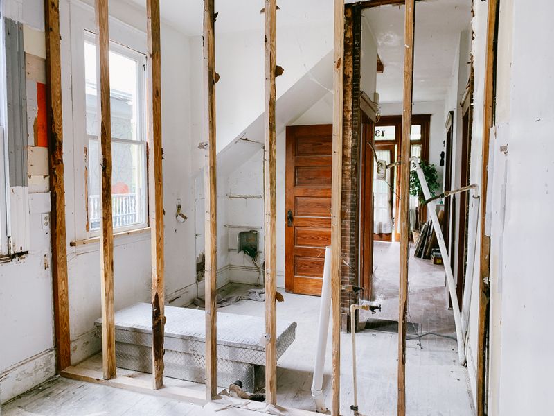 Interior of a house renovation with exposed wooden beams