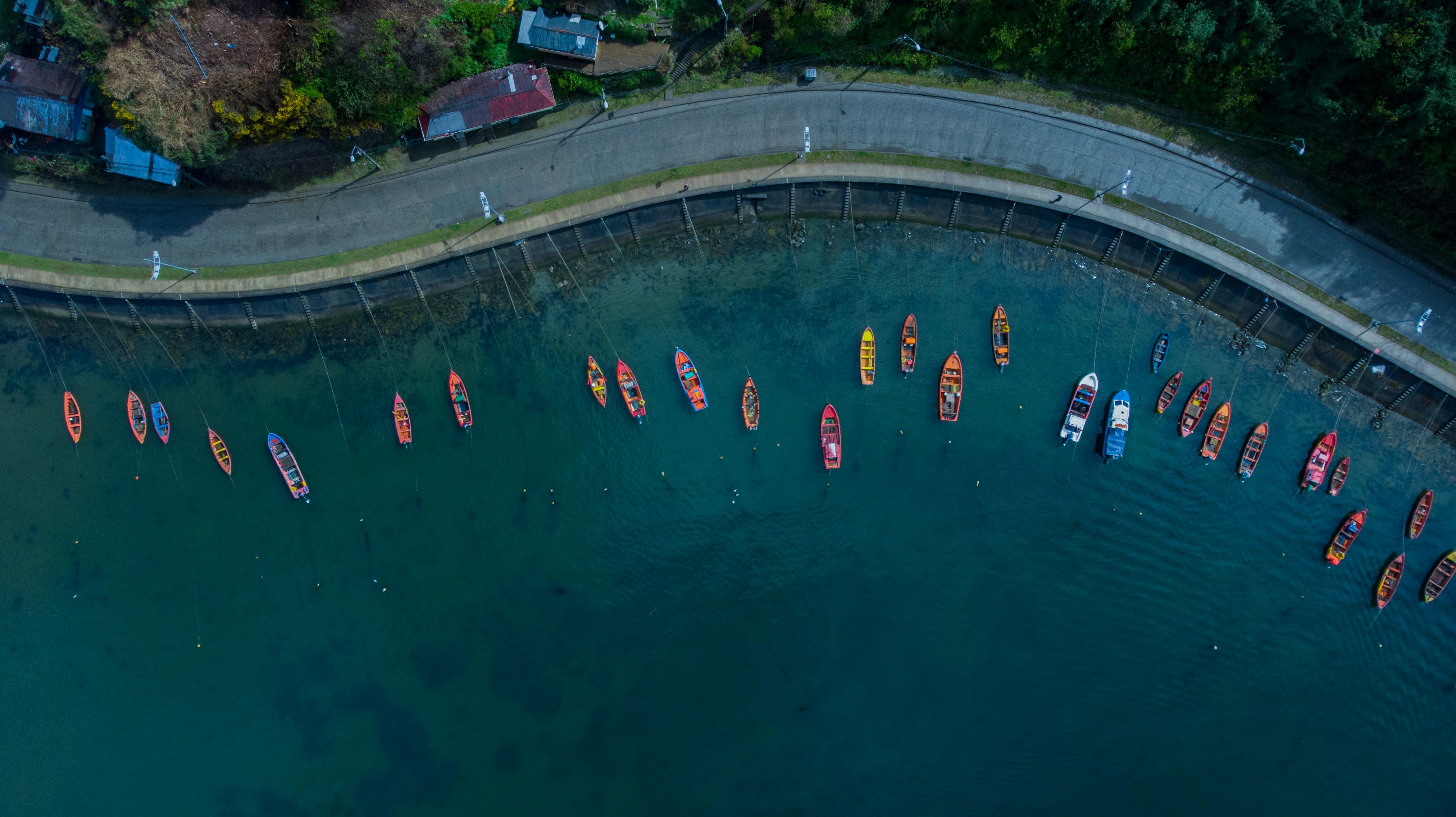 Aerial perspective of boats docked along a scenic Chilean coastline with lush greenery.
