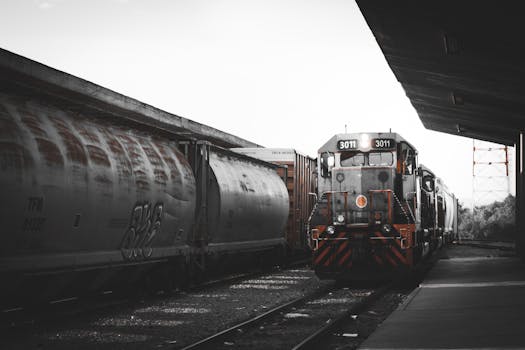 A freight train parked at a Mexican railway station with empty platforms.