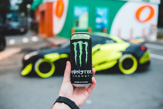 Unrecognizable person holding can of power drink while standing on parking lot near sport car