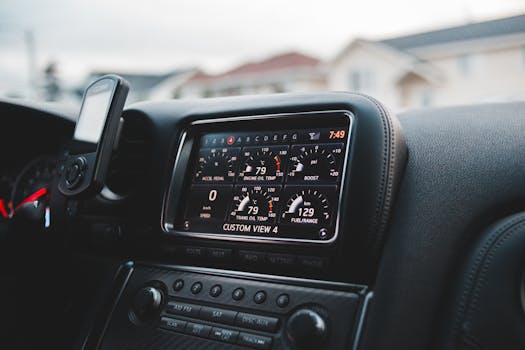 Close-up of a luxury car's digital dashboard with a sleek design and leather interior.