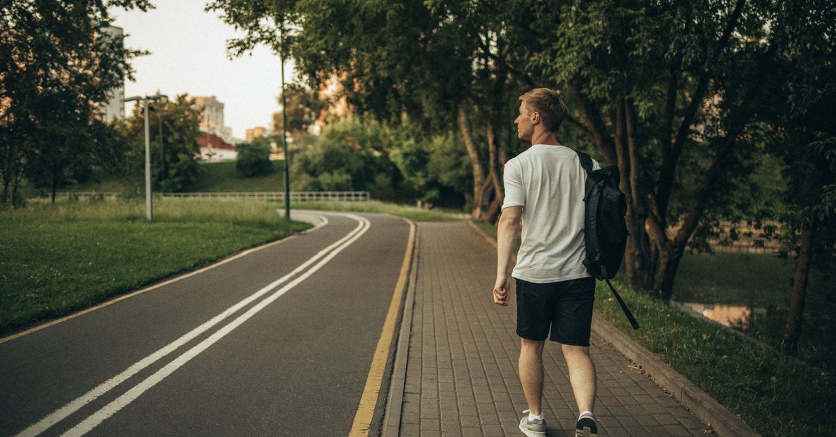 A man walks through a peaceful park on a paved path surrounded by lush greenery.