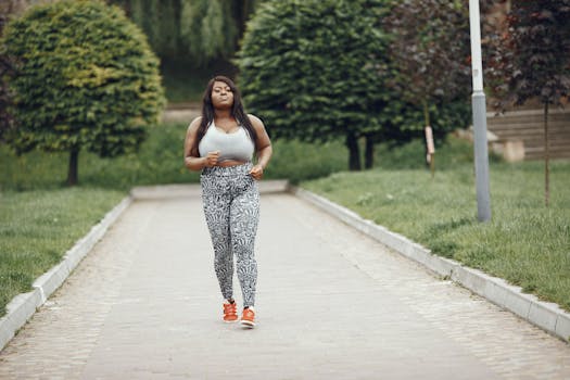 Plus-size Black woman running in a park, embracing fitness and a healthy lifestyle.