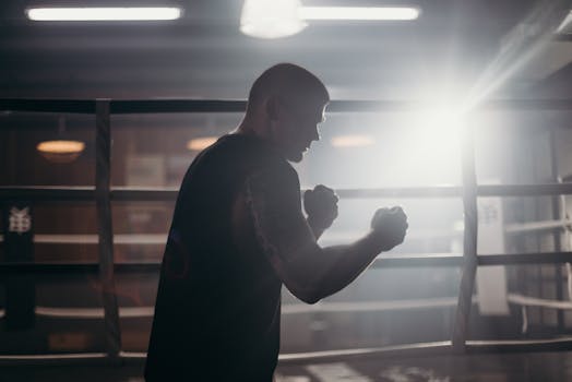 Silhouette of a male athlete boxing in a gym with dramatic sunlight streaming in.