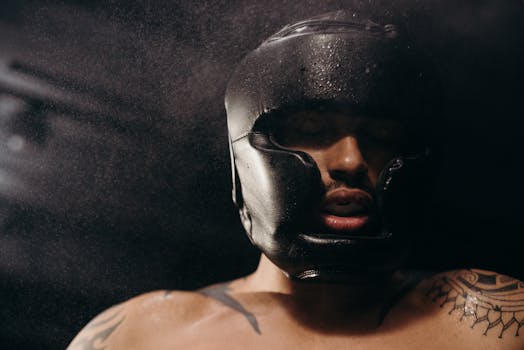 A muscular boxer wearing a head guard trains intensely in a dim gym setting.