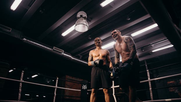 Two muscular boxers in gloves sharing a light moment in an indoor gym setting.