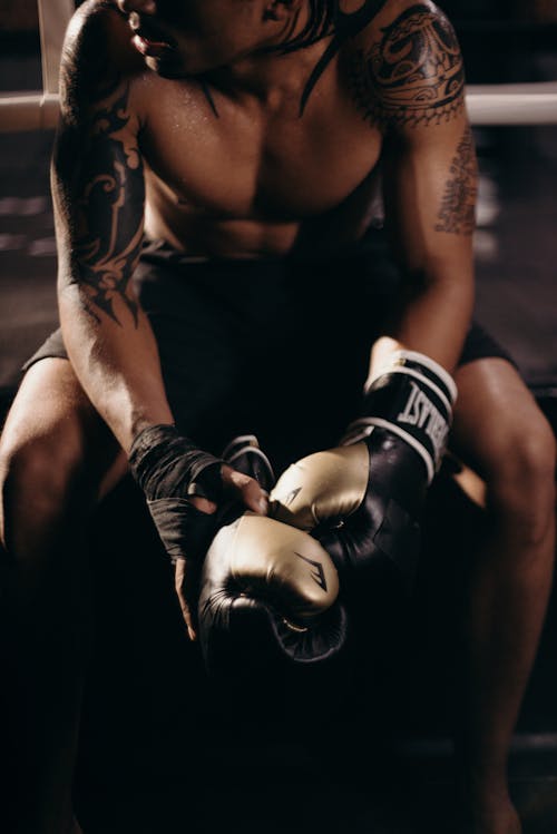 Free Man in Black Tank Top Wearing Blue and White Boxing Gloves Stock Photo