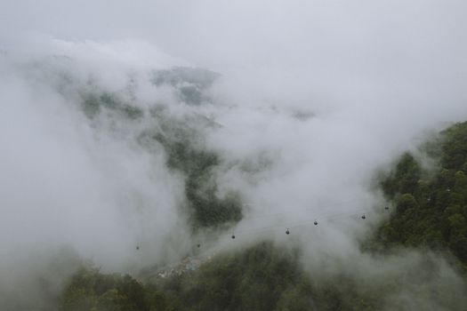 缆车从青山上郁郁葱葱的浓雾中穿出，带来神秘的鸟瞰视野