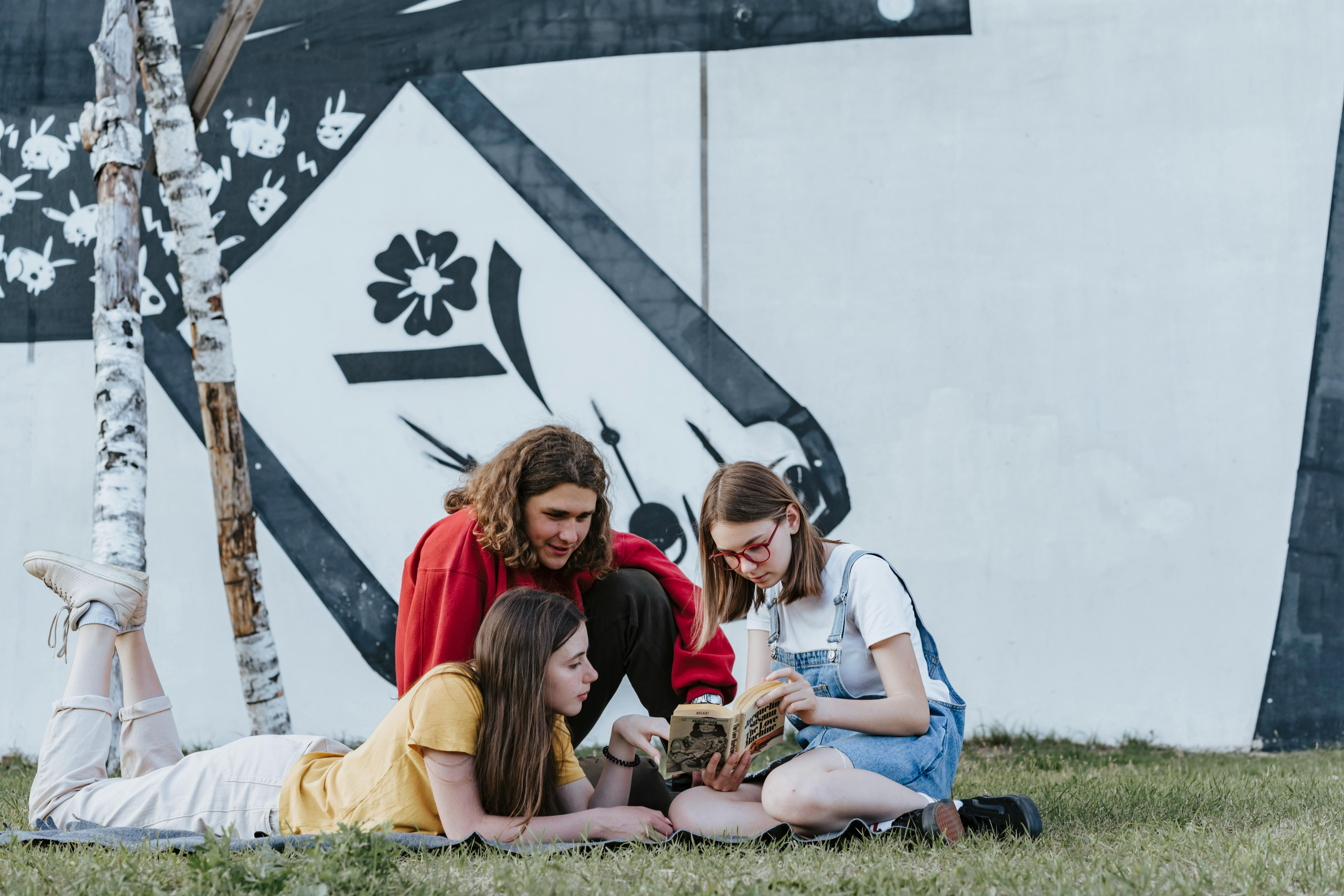 group of people lying on green grass field