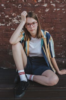 Teenage girl with glasses sits stylishly against a rustic brick wall, exuding a modern and casual vibe.