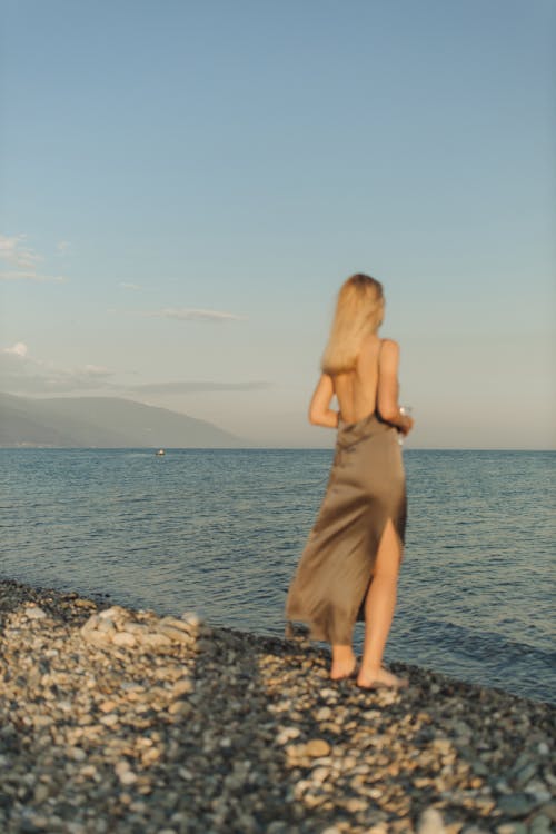 Free Woman in Brown Dress Standing on Rocky Shore Stock Photo