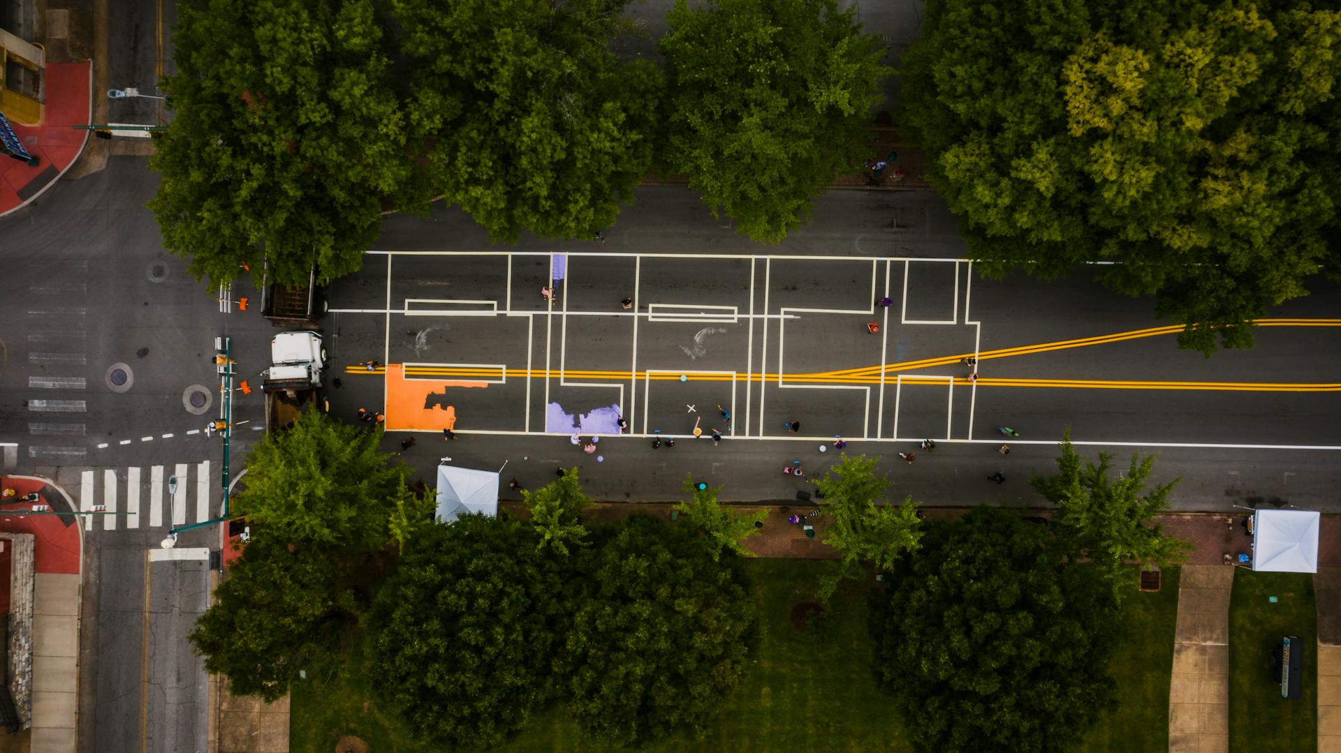 Top view of road with bright marking lines between lush green trees in town