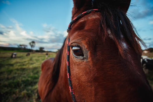 Detailed close-up of a horse's eye with a calm countryside background, perfect for nature themes.