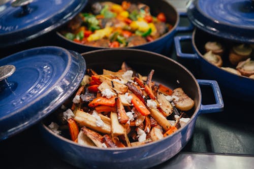 Free Fried Vegetables in a Blue Pan Stock Photo