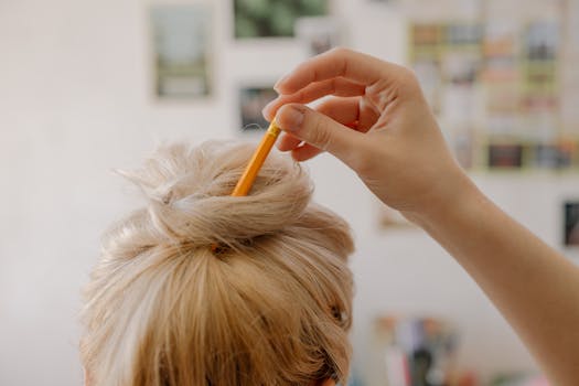 Close-up of a blonde hairstyle with a pencil used as a hair accessory, creating a stylish bun look.