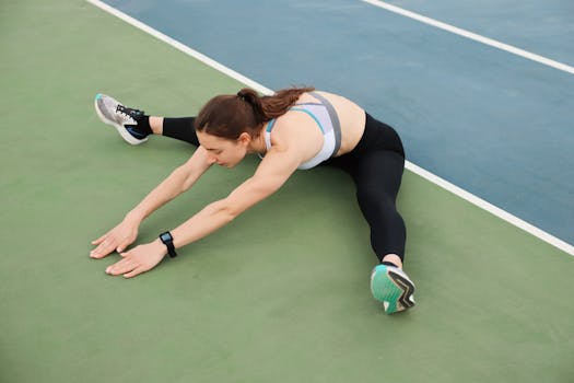 Woman in activewear stretching on a sports court, preparing for a workout.