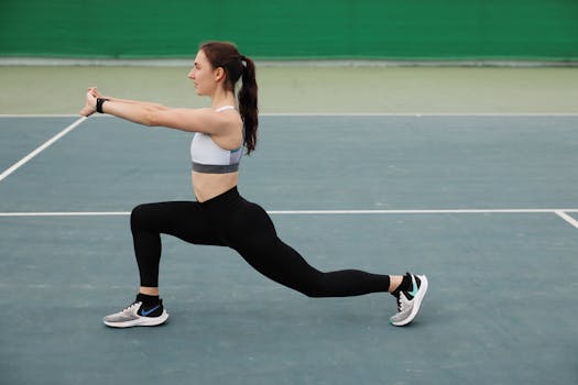 Woman in activewear stretching on a tennis court, focusing on fitness and flexibility.
