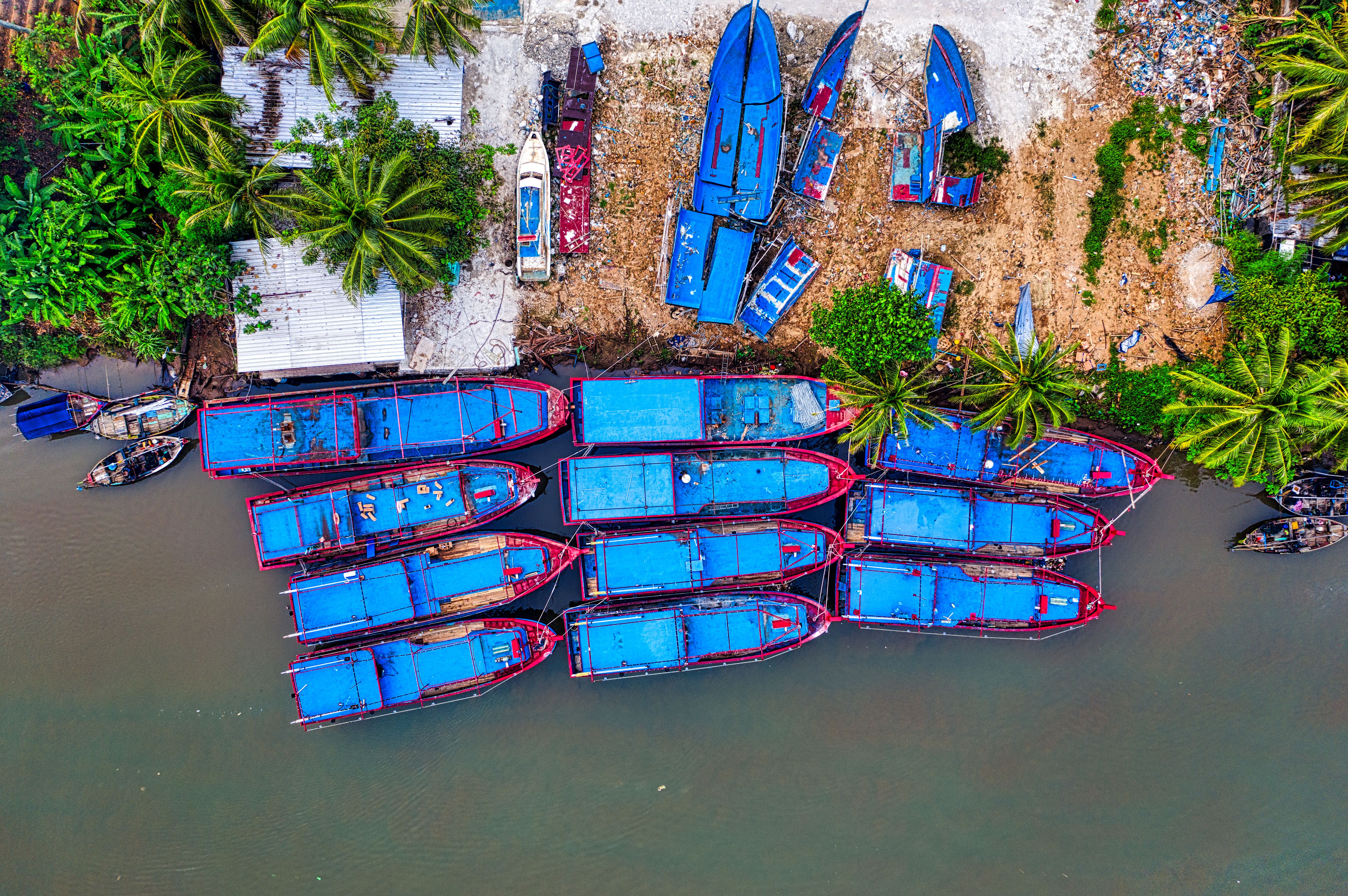 Top View of Blue Boats Docked on Seaside · Free Stock Photo