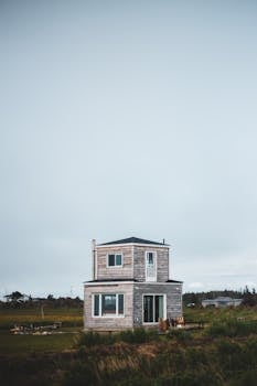 Exterior of residential house with wooden walls and big windows on green meadow near forest in daylight