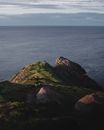 Green and Brown Rock Formation Beside Sea