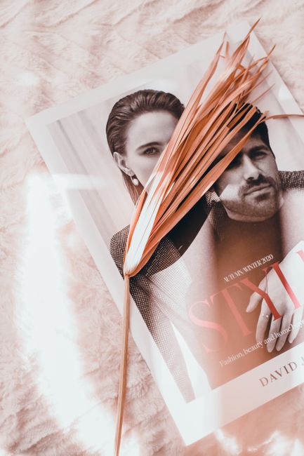 Sunlit photo of a fashion magazine with tropical leaf decoration, exuding elegance and style.