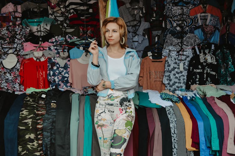 Stylish Woman With Cigarette In Market