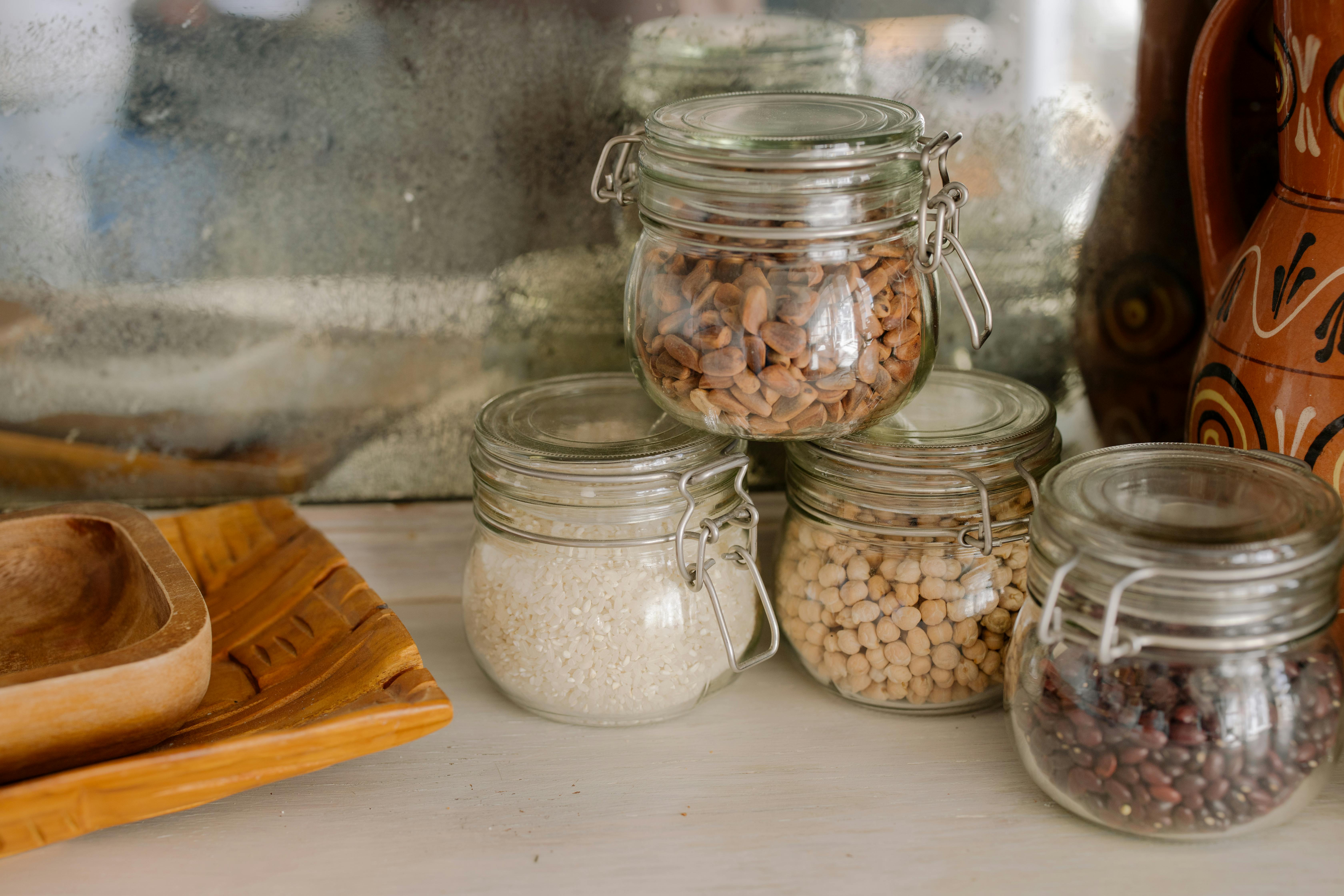 Reusable Glass Bottles Jars Table Sustainable Lifestyle Zero Waste Grocery  Stock Photo by ©TanyaJoy 440346530