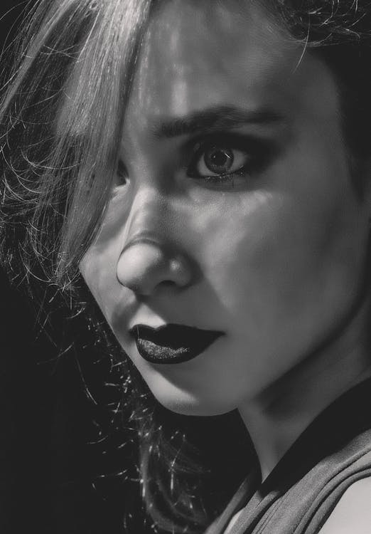 Free Grayscale Portrait of a Woman with Dark Lipstick Stock Photo