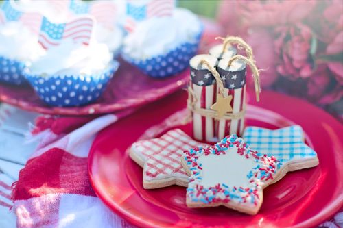 Free Patriotic themed desserts with American flag accents perfect for Independence Day celebrations. Stock Photo