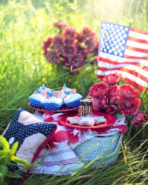 Free Cozy outdoor picnic featuring American flag decor, cupcakes, and cookies in a grassy setting. Stock Photo