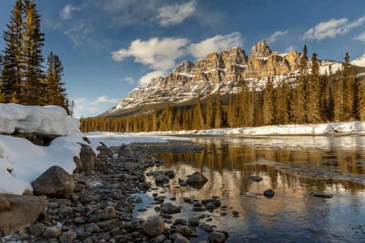Snowy Castle Mountain reflected in a serene river surrounded by pine trees in Alberta, Canada.