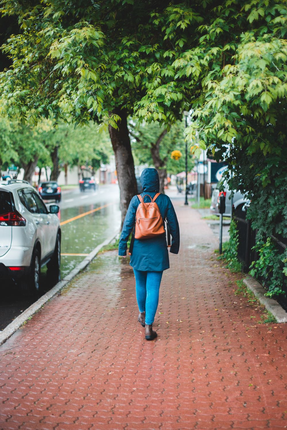 Female traveler with backpack walking on pavement near trees in the rain