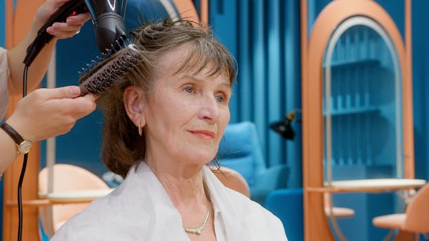 A senior woman receives hairstyling and pampering in a modern salon setting.