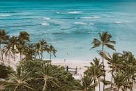 这是一张令人惊叹的航拍照片，拍摄的热带海滩有棕榈树和碧绿海水，非常适合度假灵感