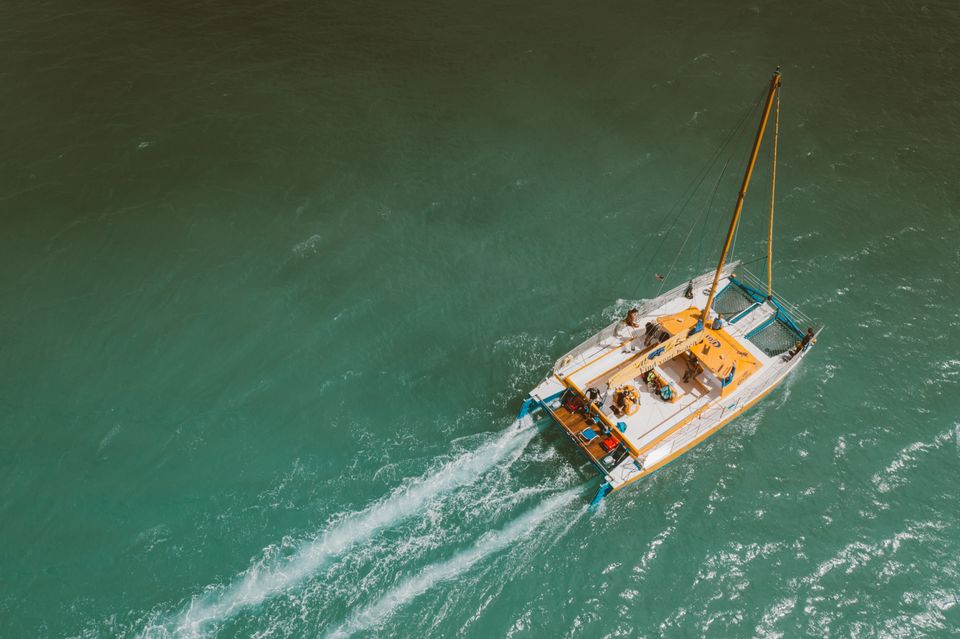 Aerial view of a sailing catamaran with orange deck cutting through green water