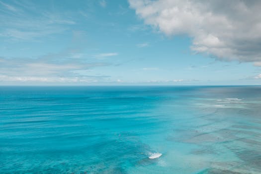A breathtaking aerial view of calm turquoise ocean with clear skies, perfect for travel inspiration.